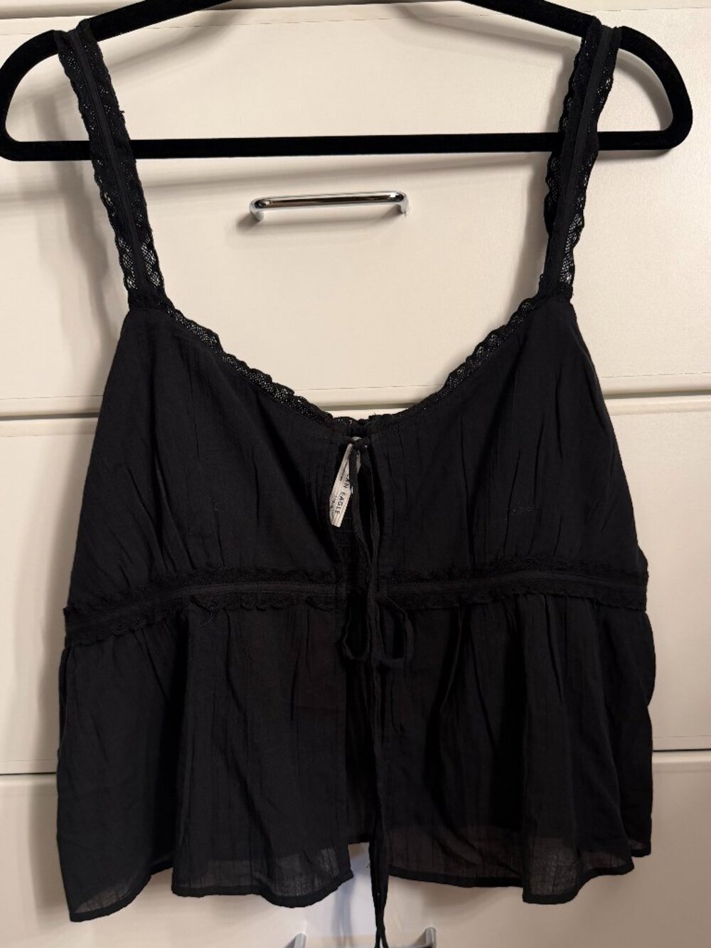 American Eagle Black Lace Trim Tie Front Peplum Cami Large